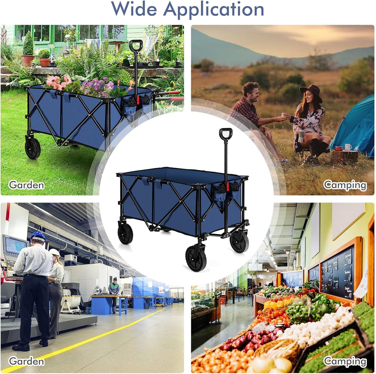 Goplus Collapsible Wagon, Folding Utility Wagon Cart w/Universal Wheels & Adjustable Handle & Cover Bag, Grocery Wagon for Garden Shopping Camping (Navy)