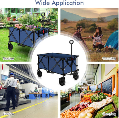 Goplus Collapsible Wagon, Folding Utility Wagon Cart w/Universal Wheels & Adjustable Handle & Cover Bag, Grocery Wagon for Garden Shopping Camping (Navy)