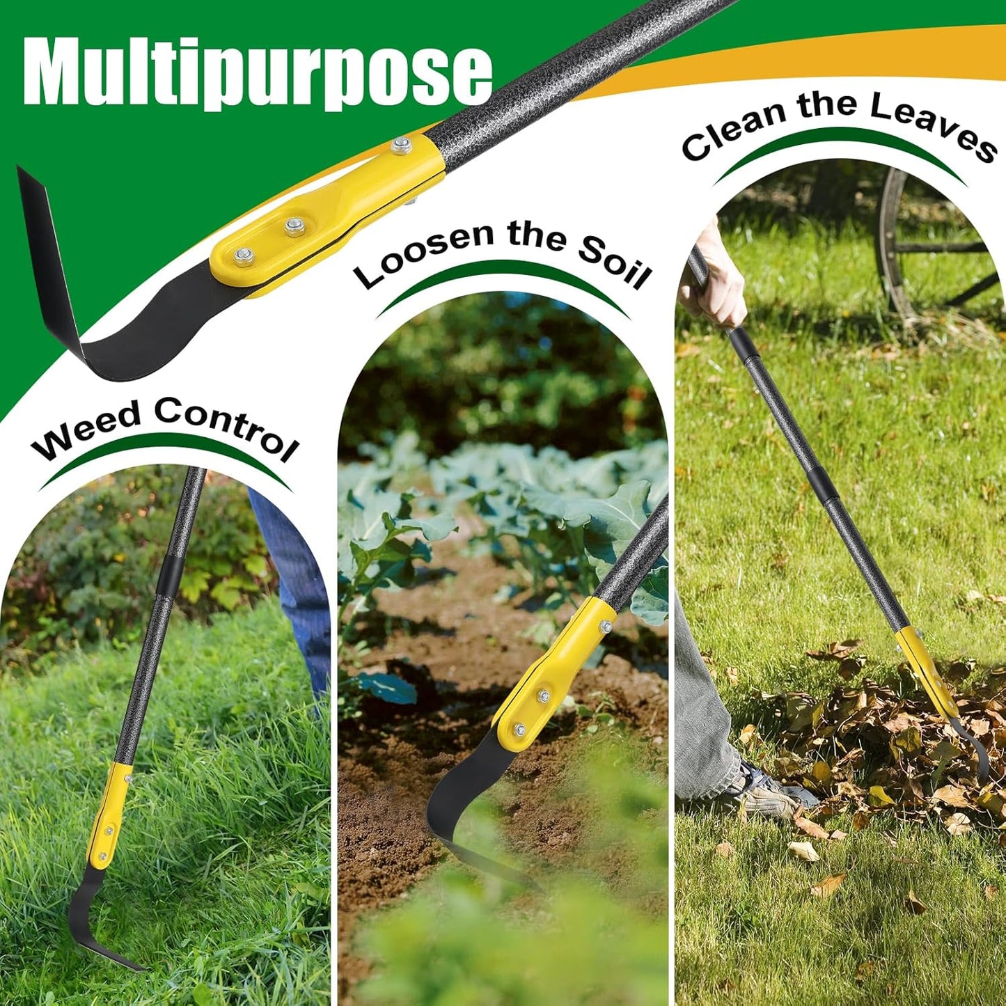 Garden Hoe Tool, 53" Crevice Weeding Tool - L Shape Sickle Garden Tool with Double-Edged Blade and Adjustable Long Handle for Weeding, Loosening Soil, Trenching, Heavy Duty Hoe Garden Tool