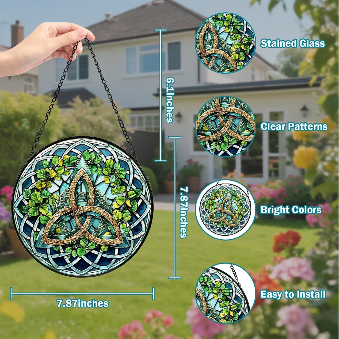 Celtic Knot Stained Glass Window Hanging, Suncatcher Diamond Glass Panel Hangings, Sun Catchers Indoor Windows Wall Art Decoration, Christmas Decor for Home Office Garden Green 7.87 inches