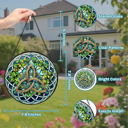 Celtic Knot Stained Glass Window Hanging, Suncatcher Diamond Glass Panel Hangings, Sun Catchers Indoor Windows Wall Art Decoration, Christmas Decor for Home Office Garden Green 7.87 inches