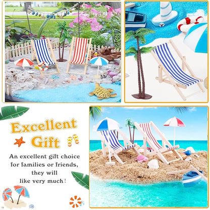 31 Pcs Beach Microlandscape Miniature Dollhouse Decoration, Maritime Decoration with Mini Beach Umbrella Mini Chair Miniature Coconut Tree Beach Decor for DIY Garden Plant Pool