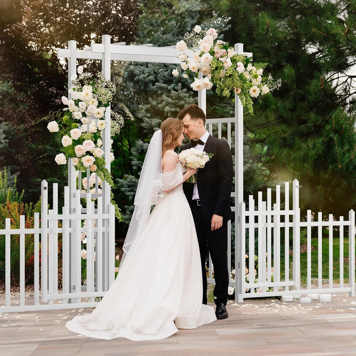 VINGLI Garden Arbor with Gate and Fence, PVC Wedding Arch for Ceremony Party, Garden Trellis for Climbing Plants Outdoor, Arch Backdrop Stand for Garden, Backyard, Lawn, Wedding