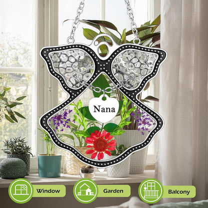 KY&BOSAM Angel Suncatcher Nana Stained Glass for Windows Hangings Wind Chime Home Decor with Pressed Flower in Glass and Metal Charm Birthdays Gifts for Women Nana Mothers Day Valentine's Christmas
