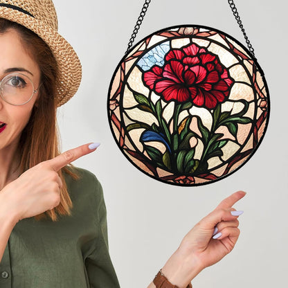 Stained Glass Window Hanging - Red Carnation Birth Flower Sun Catcher for Door Garden Home Decor Suncatcher Christmas Mother's Day Birthday Gifts for Women Men Mom Nana Friend Wife 9.8 in