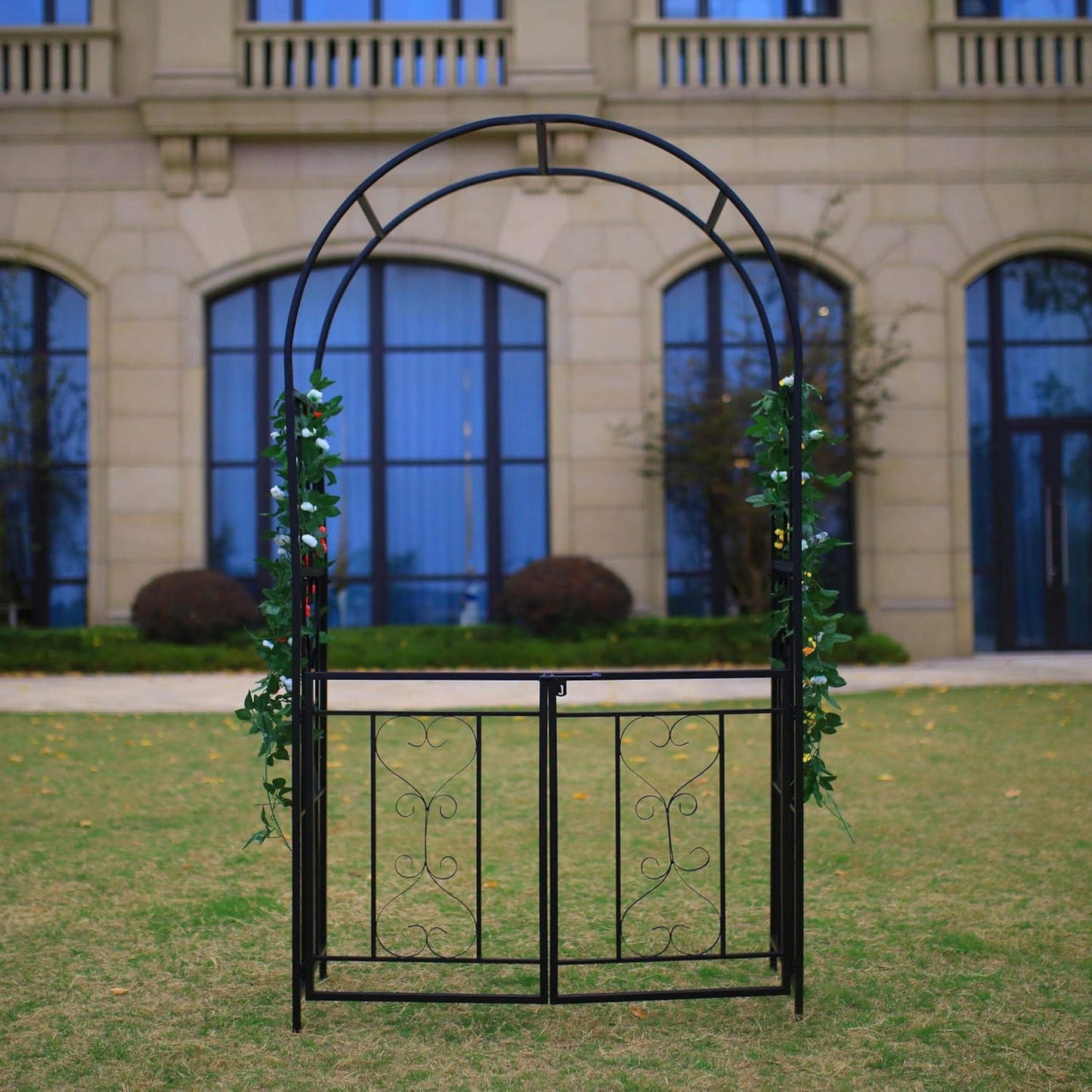Steel Garden Arch with Gate, 6'9" High x 3'8" Wide, Garden Arbor for Various Climbing Plant, Outdoor Garden Lawn Backyard