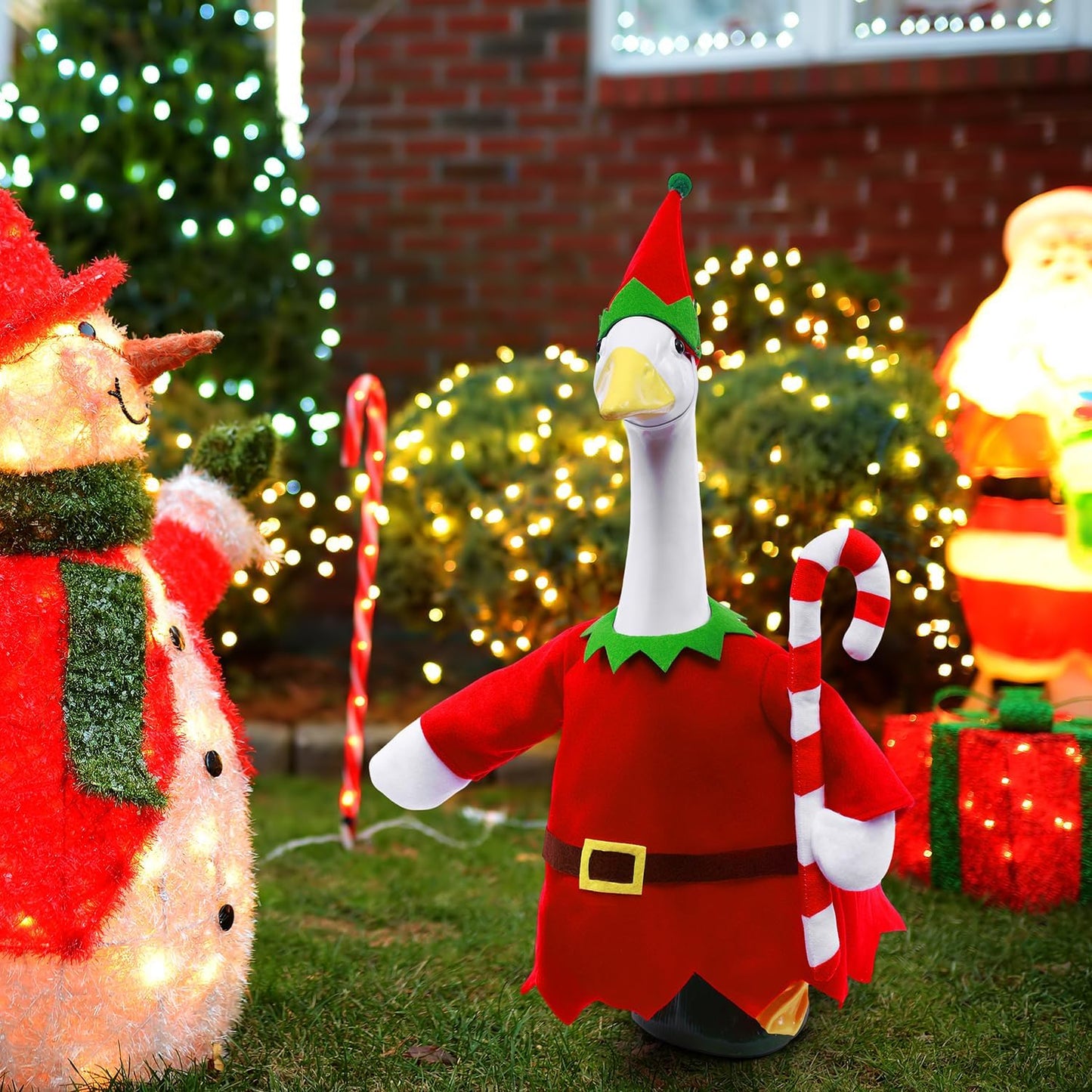 Christmas Toy Soldier Style Porch Goose Outfits,2 Pcs/Set Goose Clothes with Pointed Hat and Candy Cane Fits 23" Lawn Goose Statue,Red Christmas Outdoor Goose Costume,Yard Patio Garden Xmas Decor