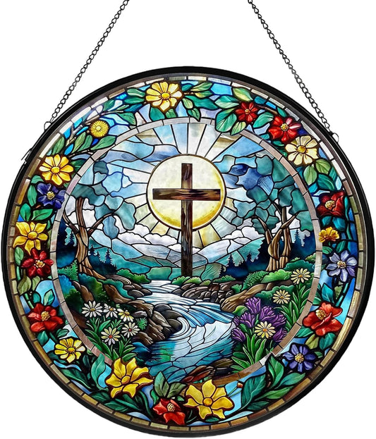 Cross Stained Glass Window Hanging, Wildflower Suncatcher Diamond Glass Panel Hangings, Sun
