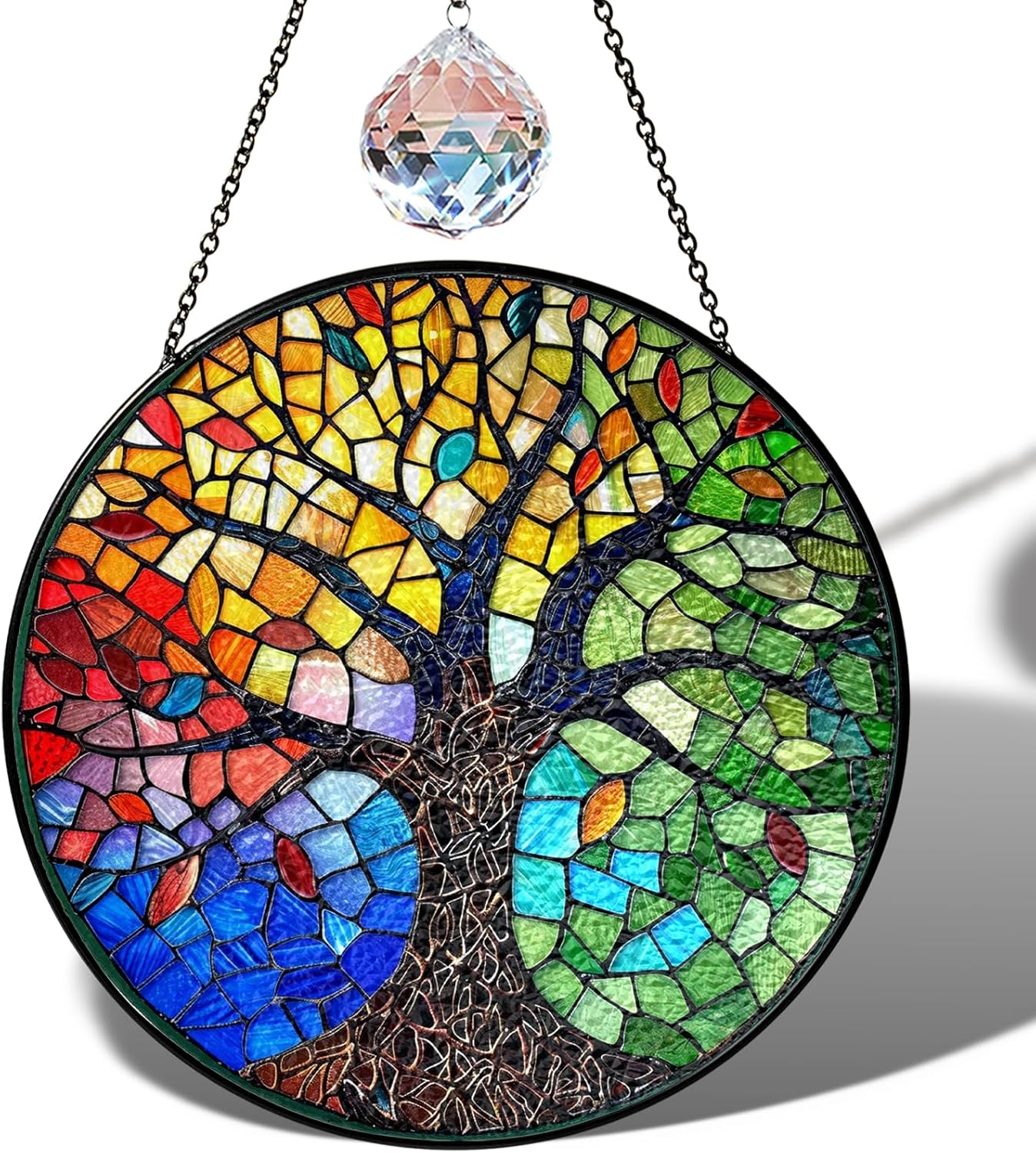 7.8" Tree of Life Stained Glass Suncatcher, Colorful Tree Sun Catcher Window Hanging Ornament, Glass Panel Decor for Home Garden Housewarming, Spiritual Birthday Gifts for Mom Women Girl ART-58E-SG8