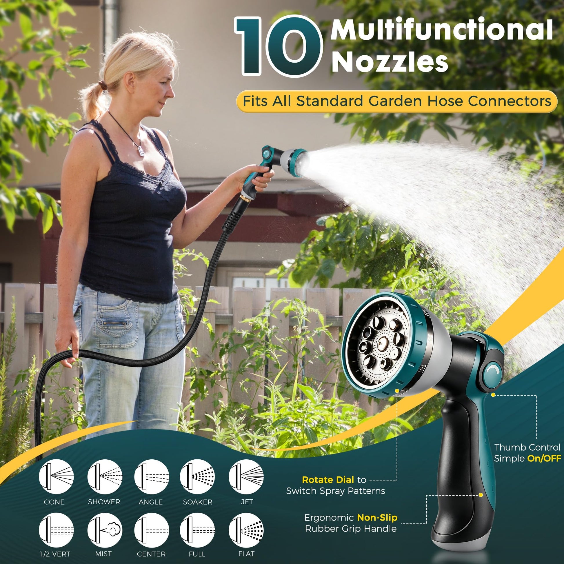 VERDOW Garden Hose 50 ft, Non-Expandable Lightweight Water Hose, 360° Swivel Fittings, 10-Pattern