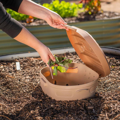 Vego Garden In-Ground Worm Composter Outdoor Farm Compost Bin 7 Gallons BPA-Free Composting System for Raised Garden Beds, Tawny Brown