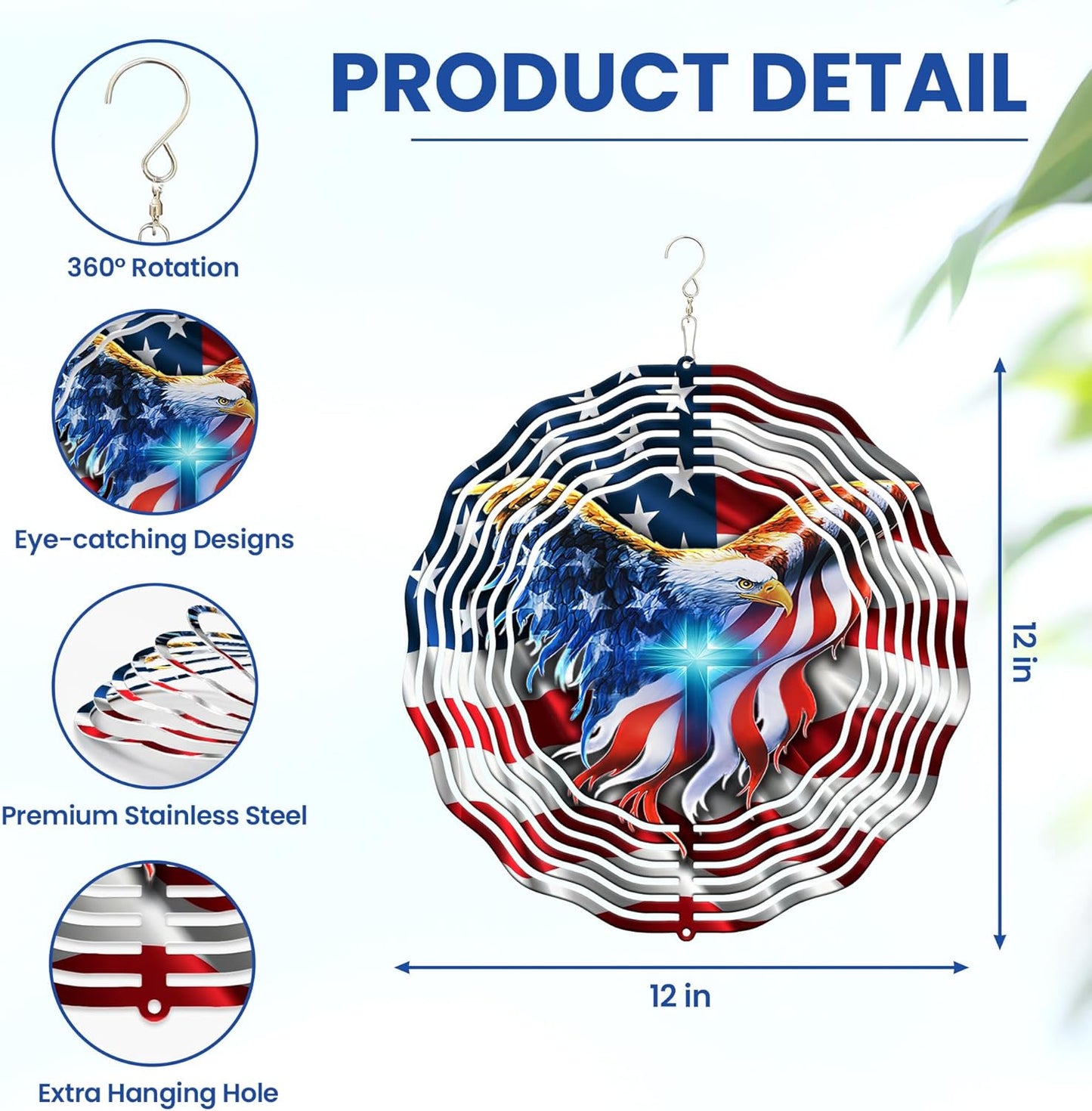 FLAGWIX American Eagle Christmas Decorations - 3D Stainless Steel Metal Wind Spinners 12 in - Christmas Eagles for Men Women Friends, Eagle Decorations for Window Outdoor Yard Garden