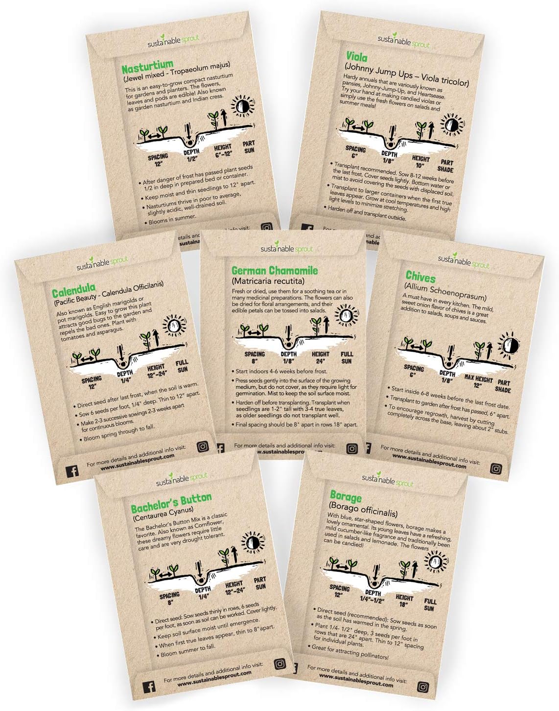 Edible Flower Seeds for Planting: 7 Variety Packets: Viola, Calendula, Chamomile, Chives, Bachelor Button, Borage & Nasturtium, Annual & Perennial Edible Flower Seeds Garden Kit by Sustainable Sprout