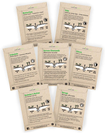 Edible Flower Seeds for Planting: 7 Variety Packets: Viola, Calendula, Chamomile, Chives, Bachelor Button, Borage & Nasturtium, Annual & Perennial Edible Flower Seeds Garden Kit by Sustainable Sprout