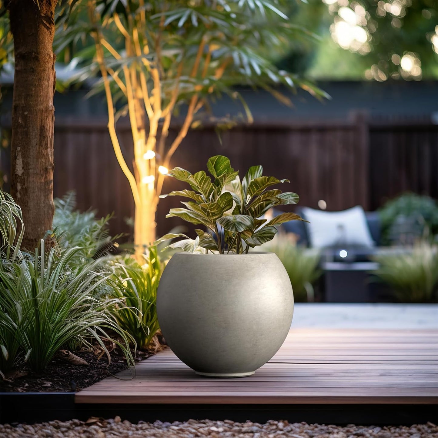 Kante Round Concrete Flower Pot, 19.3 Inch Dia (14" Opening) Sphere Shape Design Planter with Drainage Hole and Rubber Plug for Outdoor Plants, Weathered Concrete Finish with Warm Brown Interior