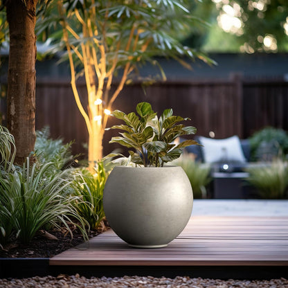 Kante Round Concrete Flower Pot, 19.3 Inch Dia (14" Opening) Sphere Shape Design Planter with Drainage Hole and Rubber Plug for Outdoor Plants, Weathered Concrete Finish with Warm Brown Interior