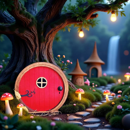 1Pc Red Fairy Garden Door for Tree, Fairy Doors for Trees Outdoor and Tree Trunk, Mini Fairys Gardens Sculpture Lawn Ornament Decor, Fairytales Door Decoration，Garden Miniatures