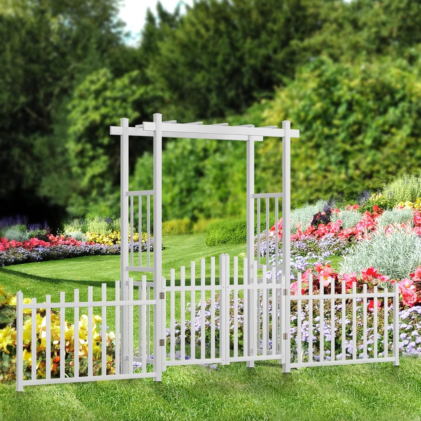 VINGLI Garden Arbor with Gate and Fence, PVC Wedding Arch for Ceremony Party, Garden Trellis for Climbing Plants Outdoor, Arch Backdrop Stand for Garden, Backyard, Lawn, Wedding
