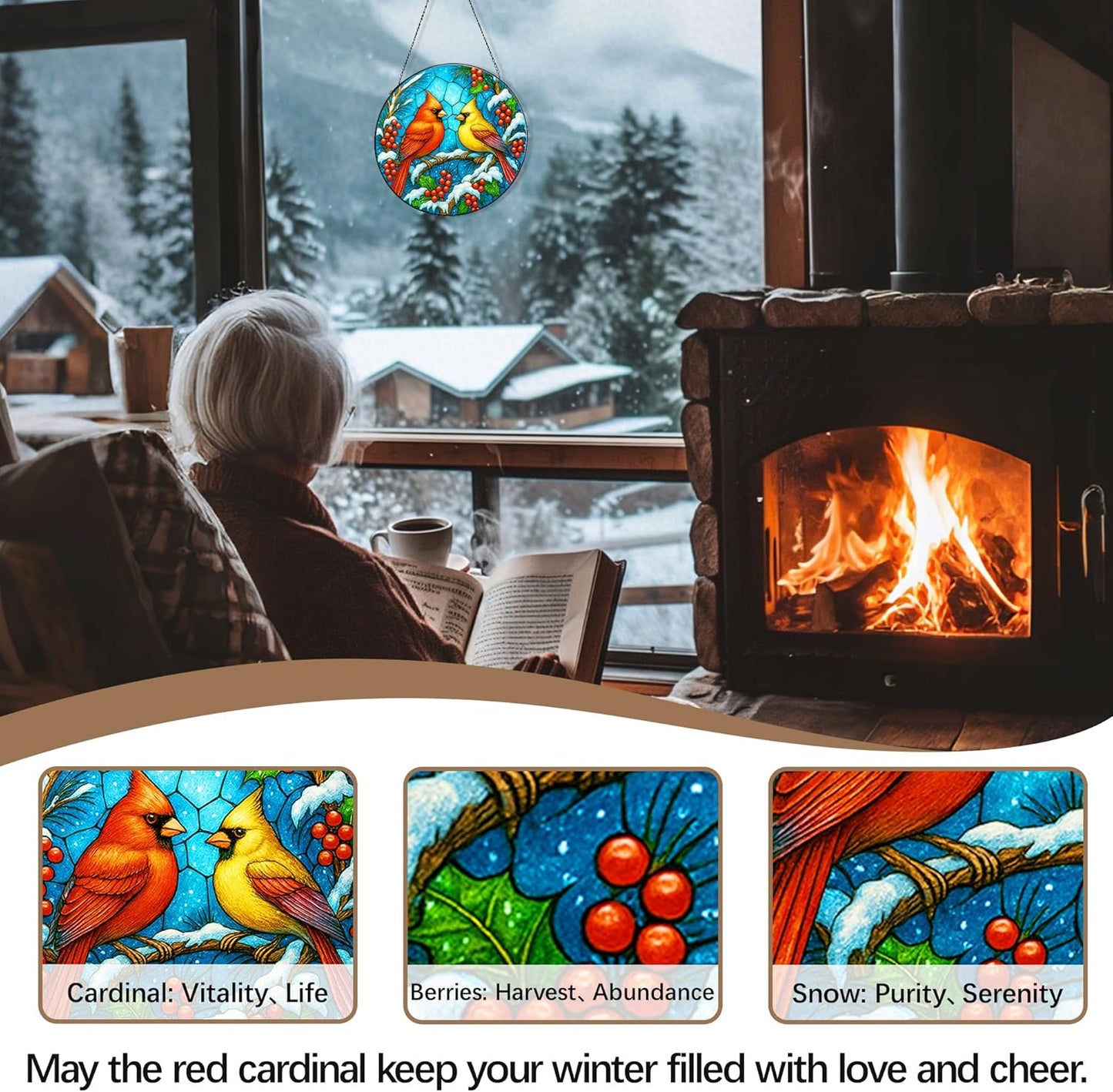 Stained Glass Window Hanging,Winter Red Cardinal Sun Catchers Stained Glass Panels for Indoor Windows Wall Art Decor, Memorial Gift for Mom Women Wife Men Lovers (7.87inch)