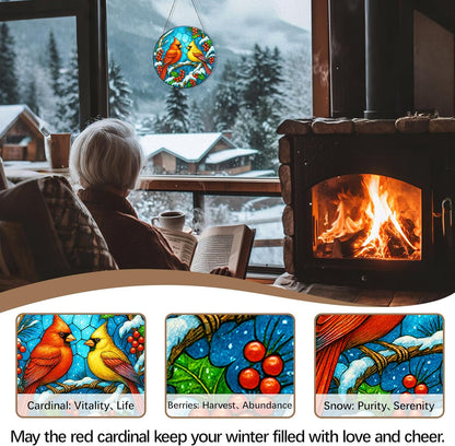 Stained Glass Window Hanging,Winter Red Cardinal Sun Catchers Stained Glass Panels for Indoor Windows Wall Art Decor, Memorial Gift for Mom Women Wife Men Lovers (7.87inch)