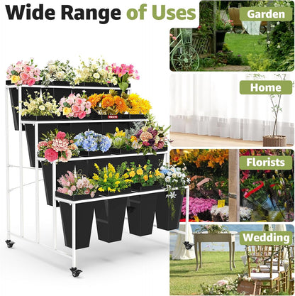 Flower Display Stand 4 Layers with 16 PCS Square Buckets, Plant Stand with Wheels, Movable Metal Plant Stand for Terrace Garden, Living Room, Florist Shop