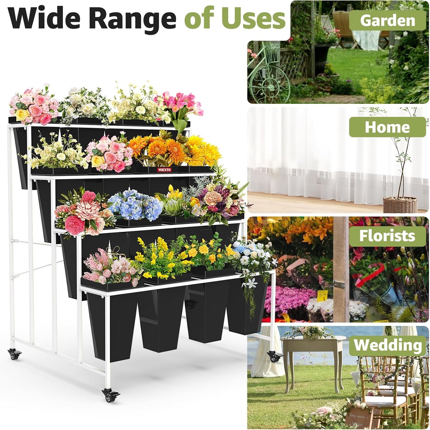 4 Layers Flower Display Stand with Buckets, 16 PCS Buckets Plant Stand with Wheels, Movable Metal Plant Stand for Terrace Garden, Living Room, Florist Shop