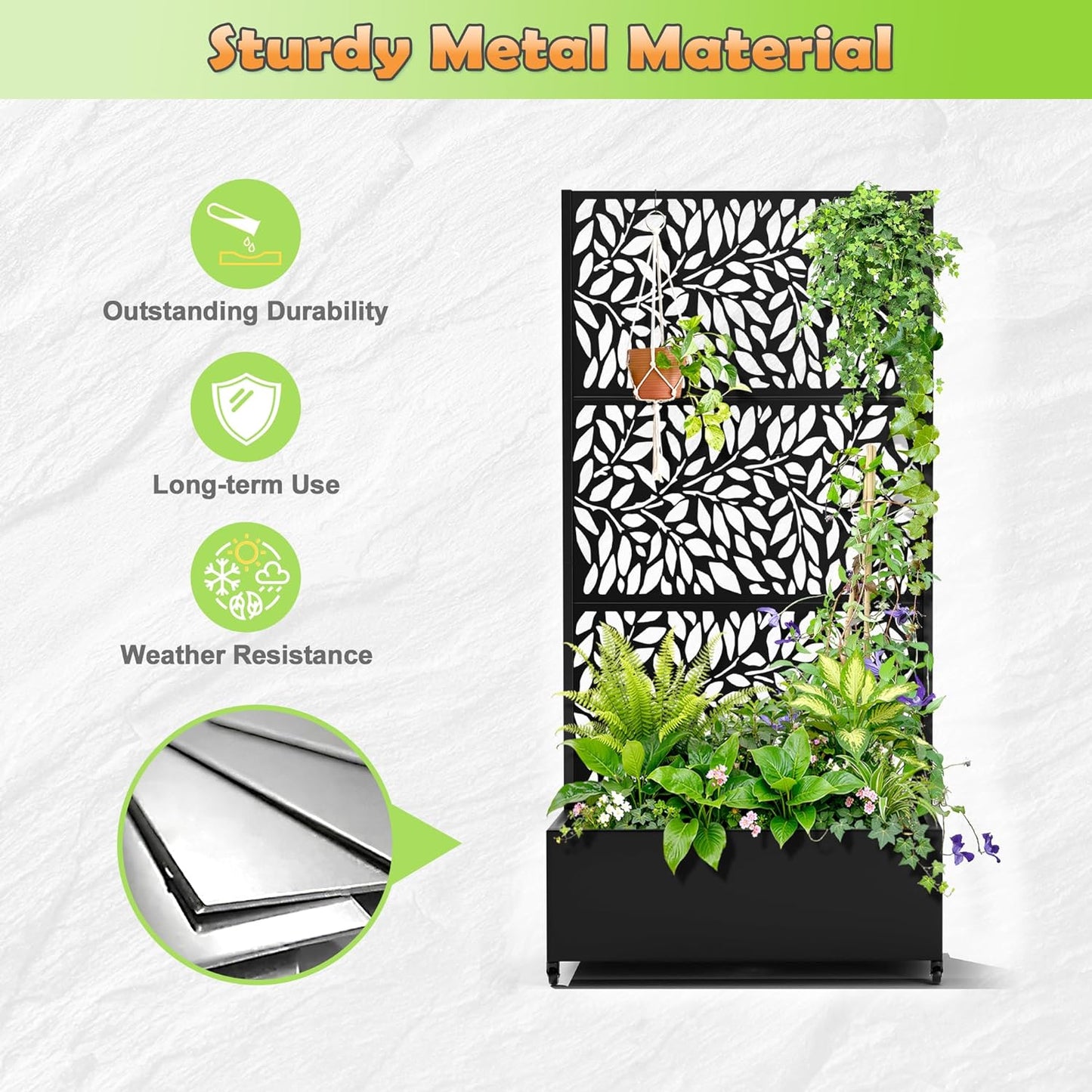 Metal Raised Garden Bed with Trellis, 2 in 1 Trellis with Planter Box & Privacy Screen for Climbing Plants, Vine, Outdoor Standing Flower Beds with Drainage Holes, 35.4"L x 15.7"W x 70.10"H,(Black)