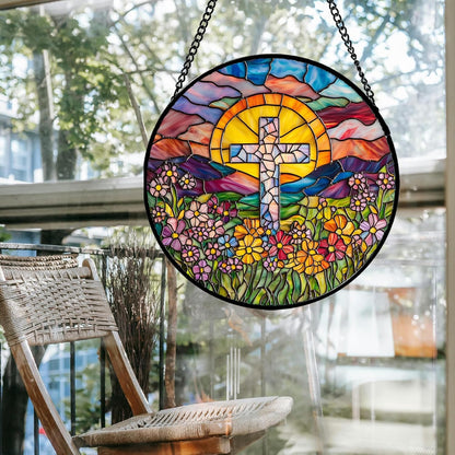 Stained Glass Window Hanging - Cross Flower Sea Sun Catcher for Door Terrace Garden Home Decor, Mountains Landscape Suncatcher Birthday Gifts for Lovers Women Men Dad Mom Nana 6.3 in