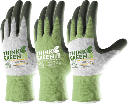 COOLJOB 3 Pairs Gardening Gloves for Women Men, 100% Recycled Polyester with Rubber Coated for Garden Patio Yard Lawn Work, Green, White & Grey, Small Size
