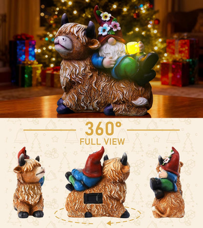 Garden Gnomes Decor Outdoor Statues Gnome on Highland Cow Hold Solar Cup Light Outdoor Decorations for Patio,Yard and Gift for Mom