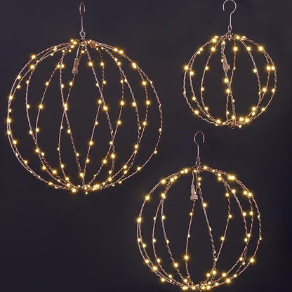 LIGHTSHARE 248LED 12IN+16IN+20IN Light Ball Yard Decoration Pathway Lights Brown Sphere Light Fold Flat Metal Frame Indoor Outdoor Waterproof Garden Lights, Plug in(Set of 3)