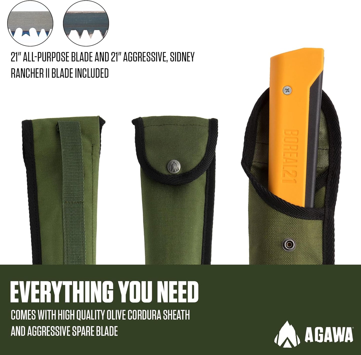 AGAWA - BOREAL21 Tripper Kit - Includes 21" Folding Saw, Nylon Carrying Case, 21" All-Purpose & 21" Aggressive Blade - For Camping, Hiking & Survival Gear (Black Frame/Yellow Handle)