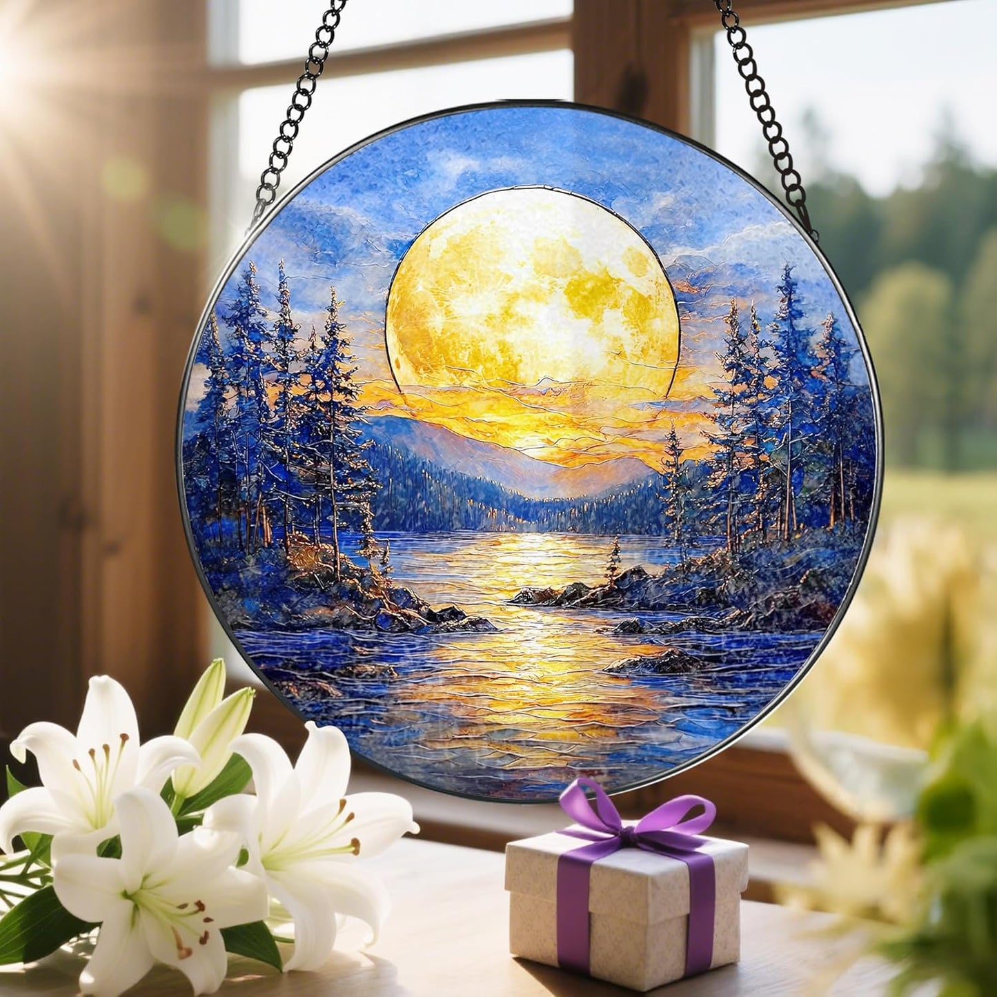 8'' Full Moon Over Forest Lake Suncatcher Ornament, Stained Glass Window Hanging, Sun Catchers for Windows Hanging Ornaments, Window Decor | Gifts for Christmas, Birthday, Father's Day