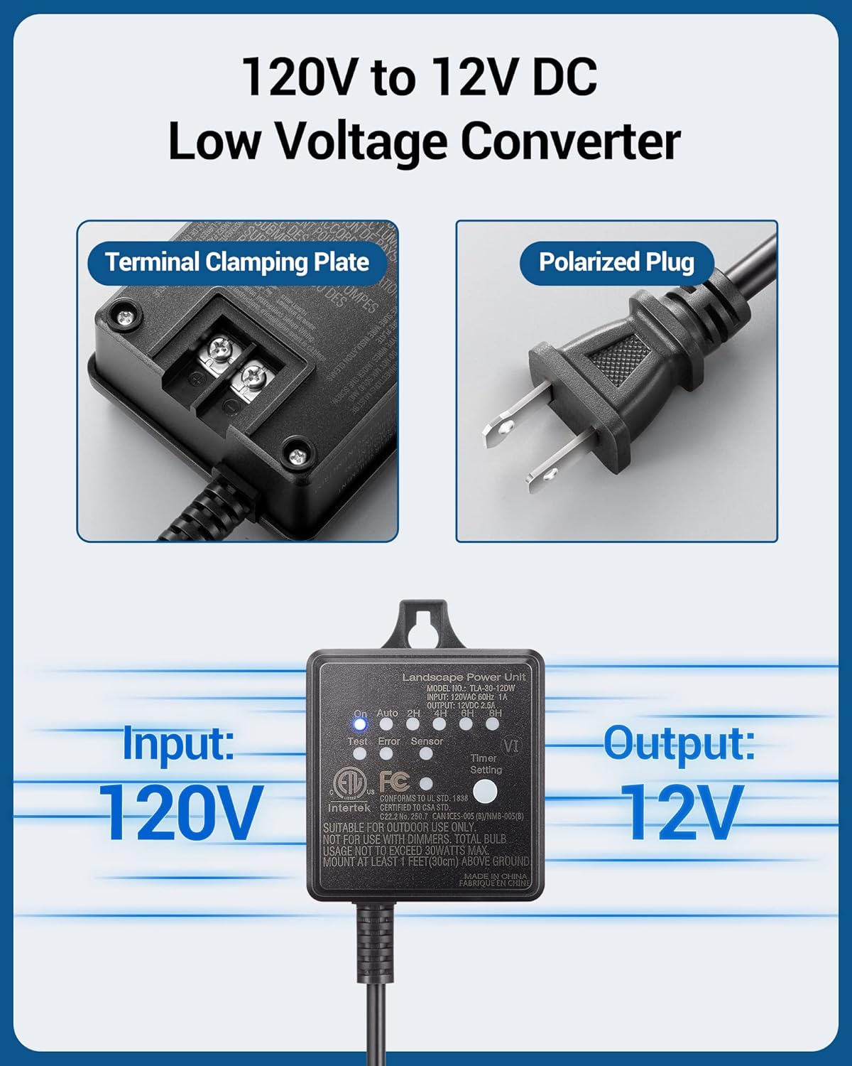 DEWENWILS 30W Outdoor Low Voltage Transformer with Timer and Photocell Light Sensor, 12V DC, ETL Listed