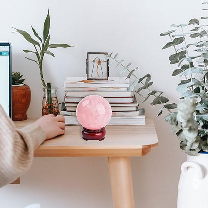JIC Gem 2.9 Inch Natural Pink Rose Quartz Magic Crystal Healing Ball Ornament Sphere with Wood Stand for Decoration,Meditation, Scrying Mirror,Feng Shui.