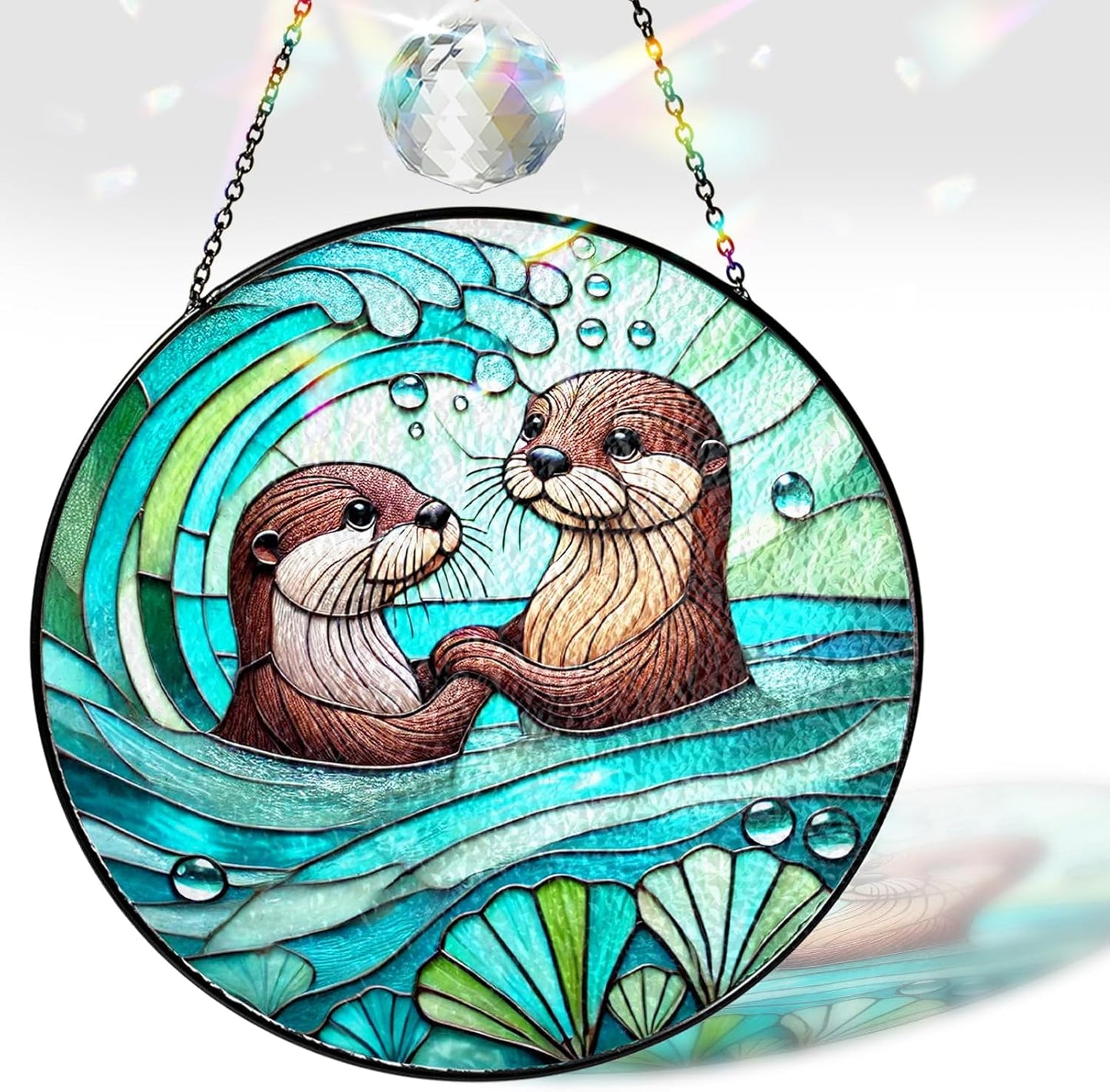 7.8" Otter Couple Stained Glass, Otter Lover Gift Suncatcher, Gifts for Couple Him Her Girlfriend Wife Husband, Valentine's Day Birthday, Window Hanging Home Decor ANI-10A-SG8