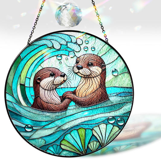 7.8" Otter Couple Stained Glass, Otter Lover Gift Suncatcher, Gifts for Couple Him Her Girlfriend