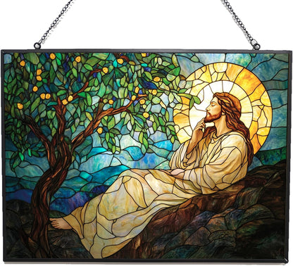 Customized Rectangle Art Nouveau Olive Tree Jesus Prayer Stained Glass Suncatcher Window Hangings, Suncatchers Glass Panel Sun Catchers Gifts Home Decor Garden Christmas Halloween Wedding