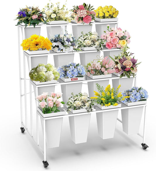 Flower Display Stand 4 Layers with 16 PCS Square Buckets, Plant Stand with Wheels, Movable Metal Plant Stand for Terrace Garden, Living Room, Florist Shop