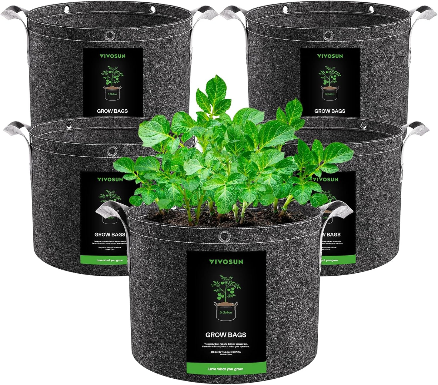 VIVOSUN 5-Pack 5 Gallon Grow Bags, 500G Thick Nonwoven Fabric Pots with Strap Handles, Multi-Purpose Rings, for Low Stress Plant Training Fruits, Vegetables, and Flowers
