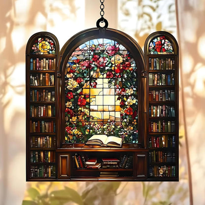 Flower Library Bookish Acrylic Suncatcher Stained Glass Effect Window Car Hanging Christmas Ornament Indoor Outdoor Decor Garden Bookworm Sun Catcher Book Lover for Women Mom Grandma