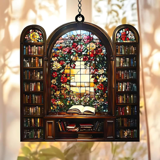 Flower Library Bookish Acrylic Suncatcher Stained Glass Effect Window Car Hanging Christmas
