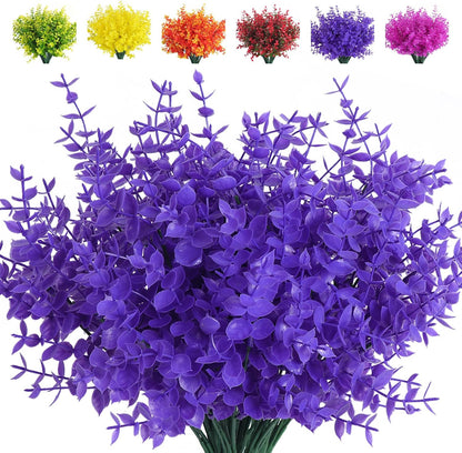 RECUTMS Artificial Plants Outdoor Artificial Ferns for Outdoors Purple Plants Outside Plastic Flowers for Outdoors Purple Outdoor Artificial Boxwood Fake Plants for Window Box(Pure Purple Eucalyptus)
