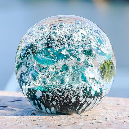 Decorative Crystal Ball Figurines Ocean Waves Paperweight Blown Glass Decor Sea Art Ocean Lovers Gift Green White 3.15"