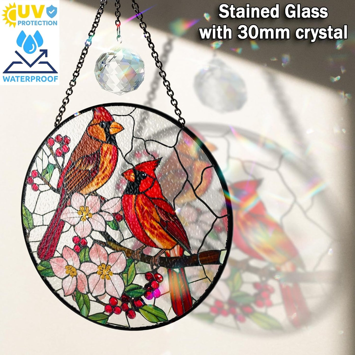 7.8" Cardinal Bird Stained Glass Suncatchers Crystal Art Glass Birds and Flowers for Sun Catcher Indoor Window Floral Gifts for Women Mom Grandma Nature Lovers Friend Painted Panel Décor BIRD-66B-SG8