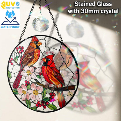 7.8" Cardinal Bird Stained Glass Suncatchers Crystal Art Glass Birds and Flowers for Sun Catcher Indoor Window Floral Gifts for Women Mom Grandma Nature Lovers Friend Painted Panel Décor BIRD-66B-SG8