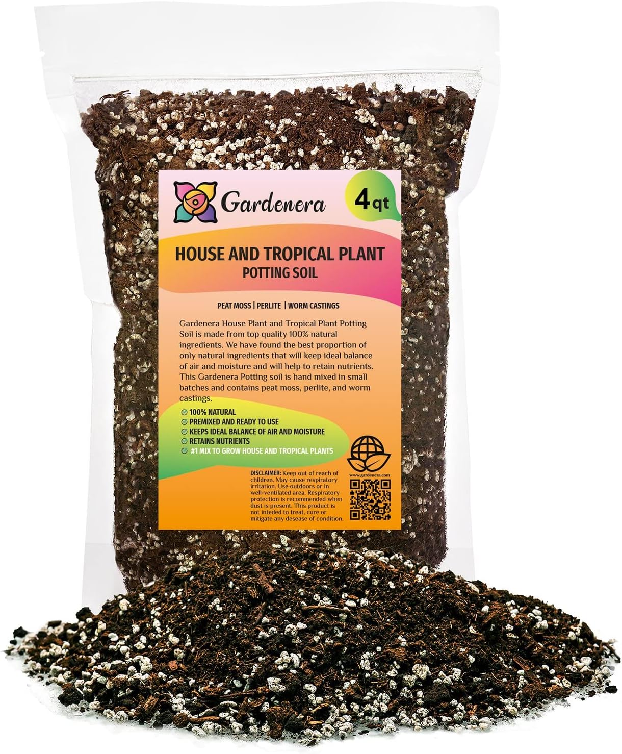 Gardenera House Plant and Tropical Plant Potting Soil - Re-Potting Soil for All Types of Indoor House Plants - 4 Quart Bag