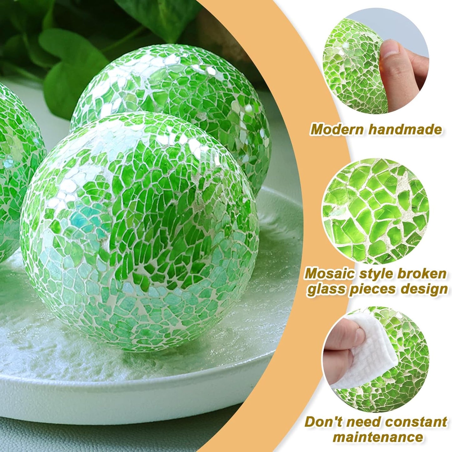3.35 Inch Round Solid Glass Balls Orbs Decorative Mosaic Ball Centerpiece Sphere Crack Globe Crafts for Bowls Tray Table Garden Decoration Green Set of 3
