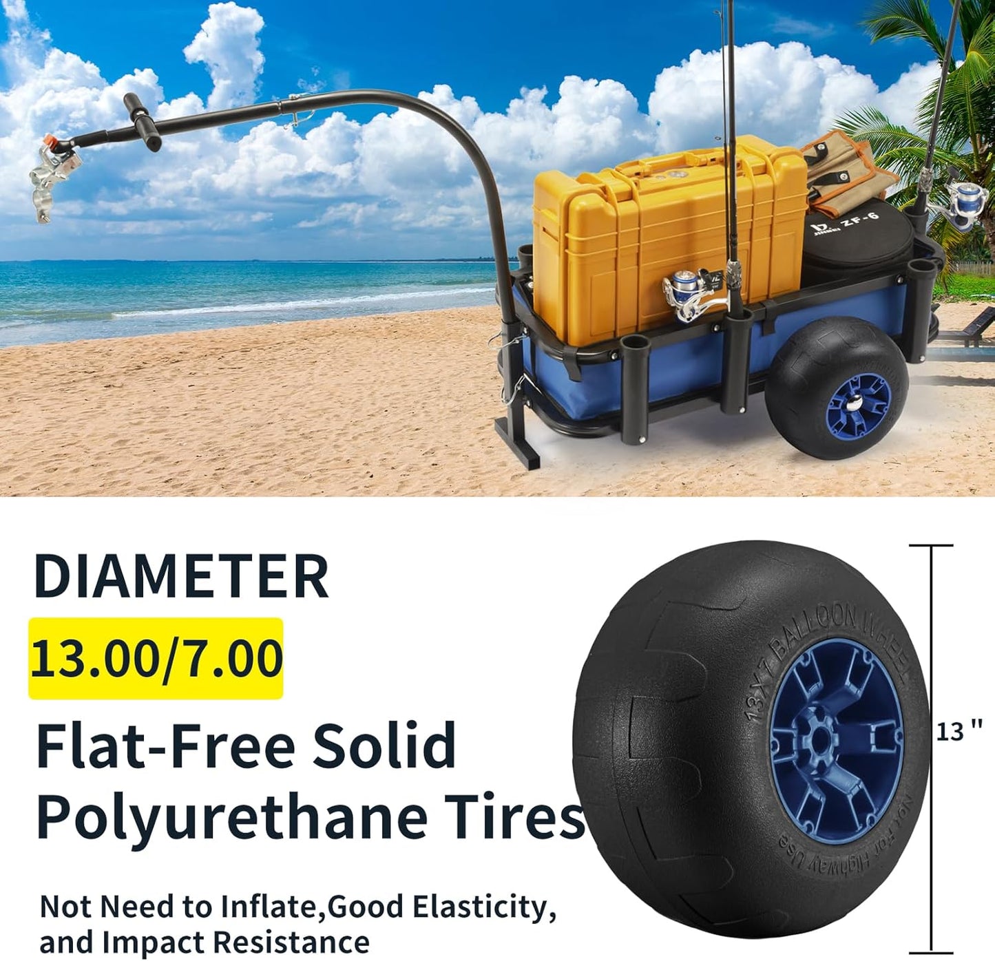 Beach Fishing Cart, 13" Big Wheels Black PU Solid Balloon Tires for Sand, Fishing Wagon Cart Large Capacity with 32-1/4" L x 16" W Liner and PP Plate, Heavy Duty Surf Cart w/Bicycle Hitch