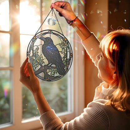 Crow Stained Glass Suncatchers Art Glass Raven for Sun Catcher Indoor Window Gifts for Pet Animal Nature Floral Lovers Women Grandma Mom Friend Painted Panel Décor